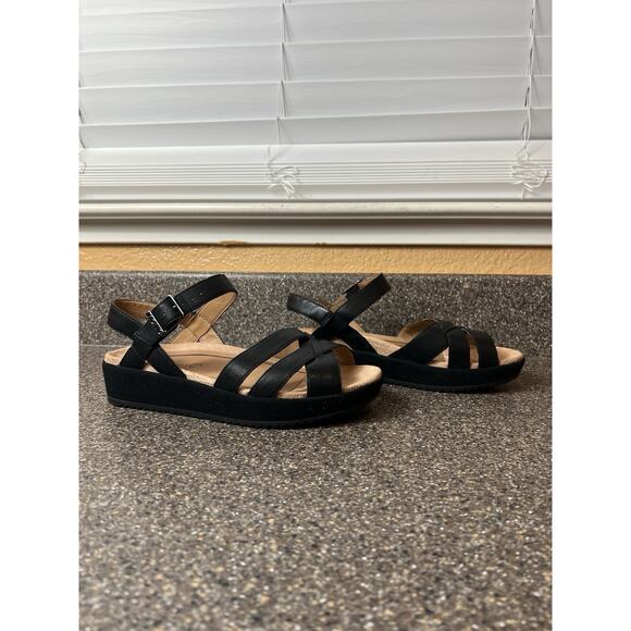 Vionic Women 6.5 Wide Black Leather Sandal Ankle Strap Open Toe Sling Back Wedge - Picture 4 of 11